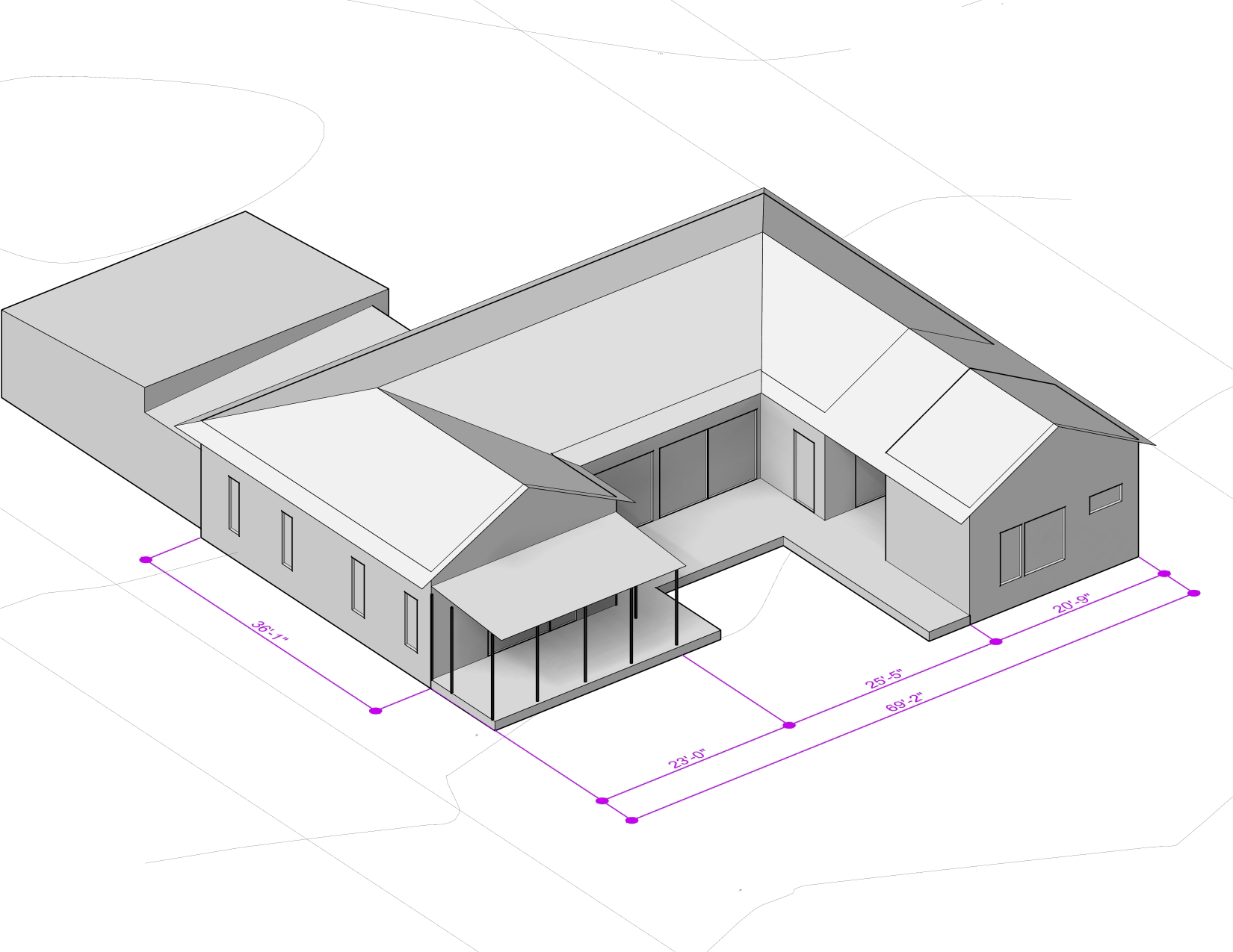 Isometric from Southwest including dimensions