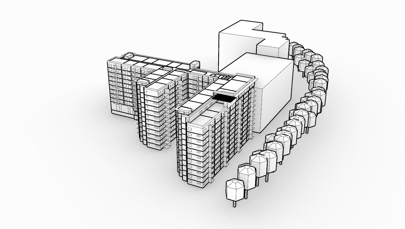 Hillandale Gateway Passive House model overview showing the large multifamily geometry