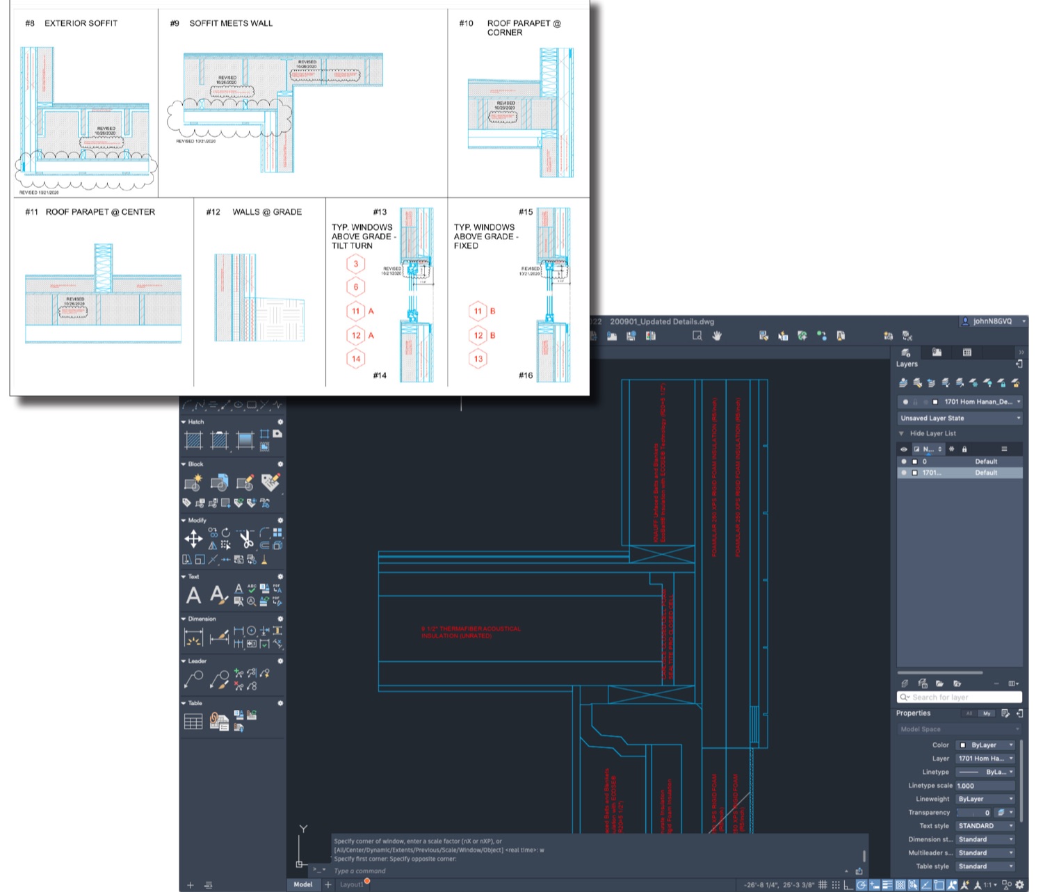 CAD drawing of thermal-bridge details being prepared: flat linework organized on layers, with a thumbnail index of the detail set
