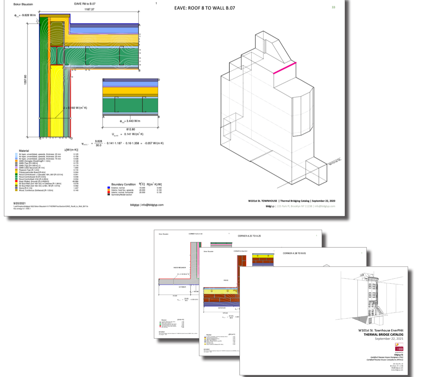 Pages from a project thermal-bridge catalog, collecting each envelope detail alongside its simulation results