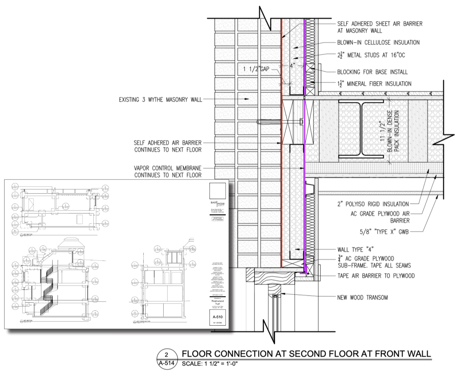 An architectural floor-connection detail showing insulation, air barrier, vapor control, and structural bridging elements clearly labeled