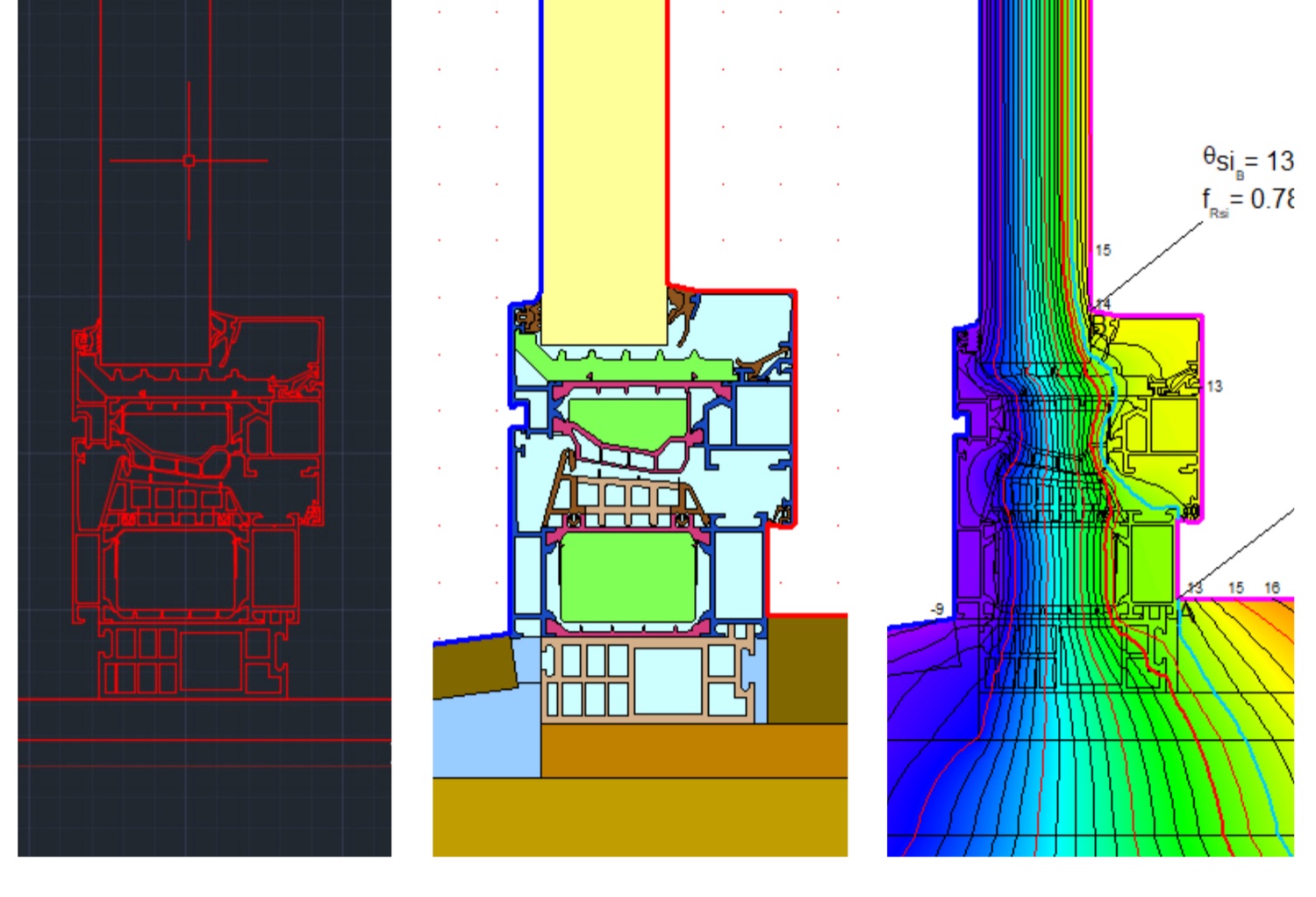 Three-step thermal simulation workflow: a flat 2D CAD base-file, closed polygons with materials assigned, and the finished heat-transfer simulation
