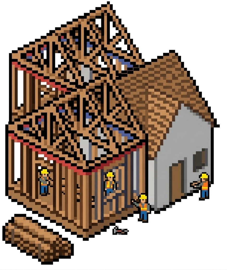 Pixel art house under construction